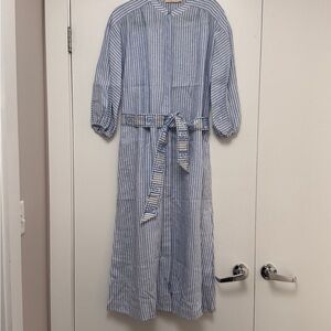 Tory Burch Light Blue and White Striped Shirt Dress